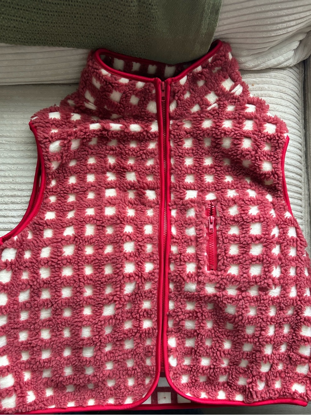 Red and white checkered vest